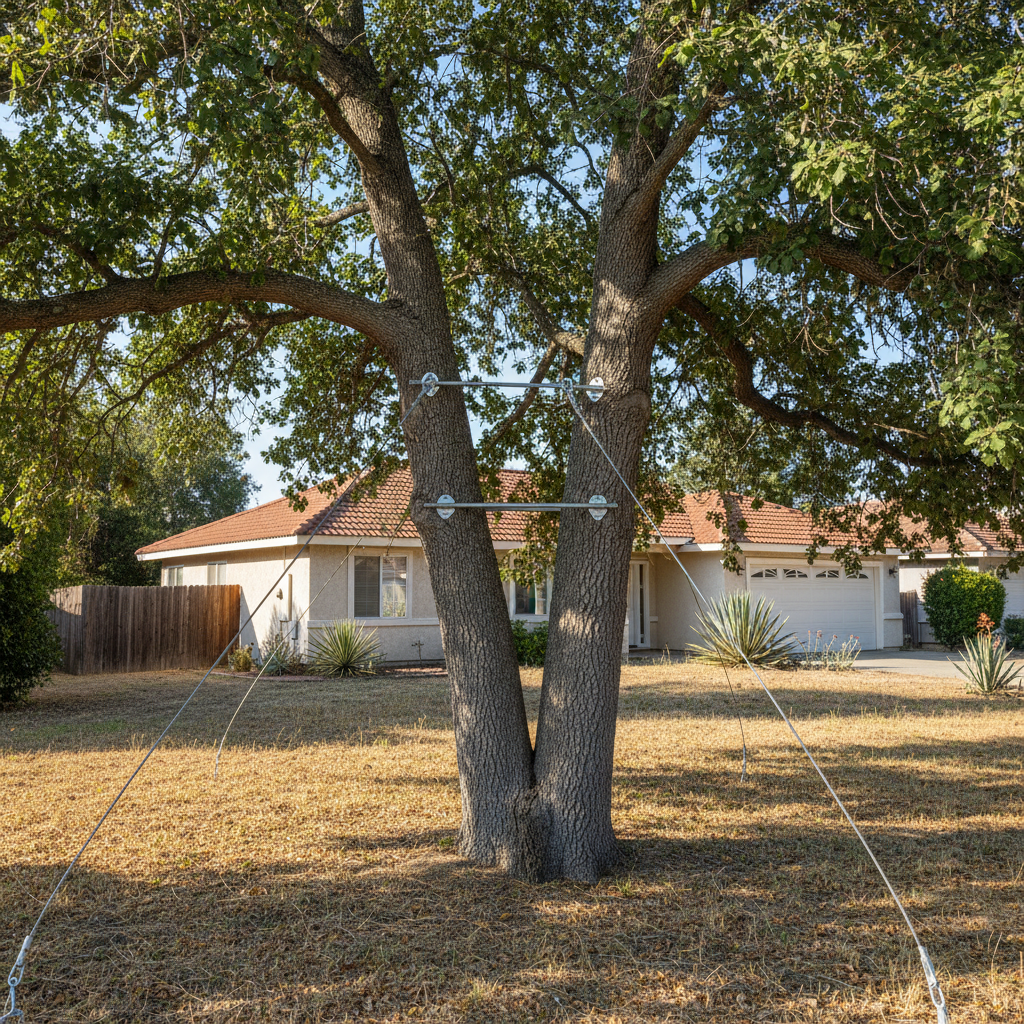 Completed tree cabling and bracing work at a residential property in Grover Beach, CA