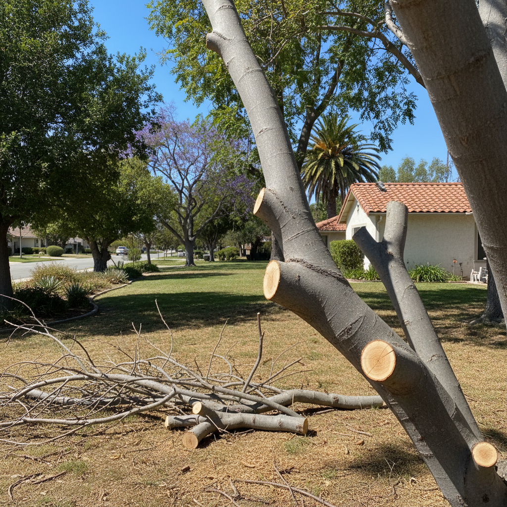 Completed tree trimming work at a residential property in Garden Grove, CA