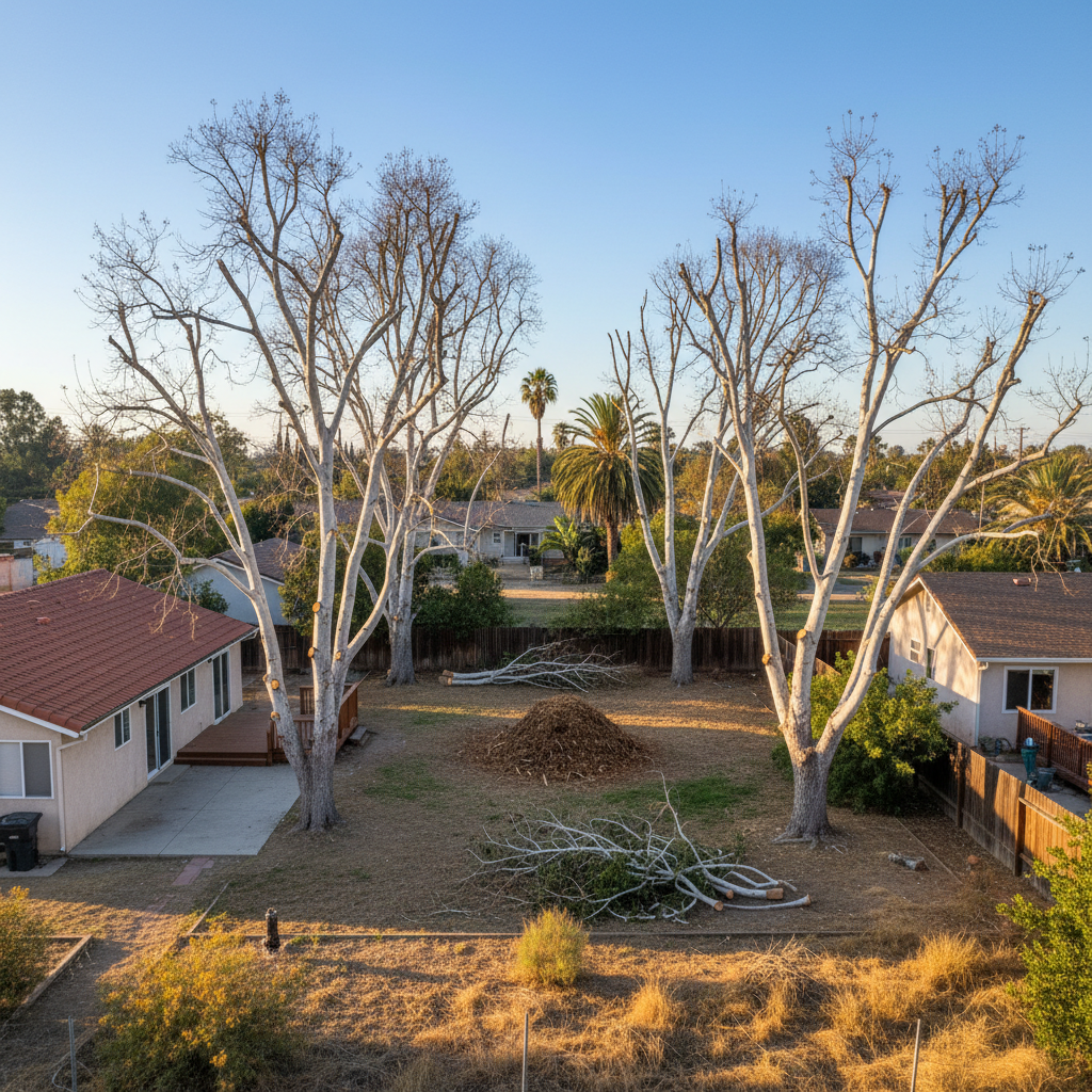 Completed tree trimming work at a residential property in Lynwood, CA