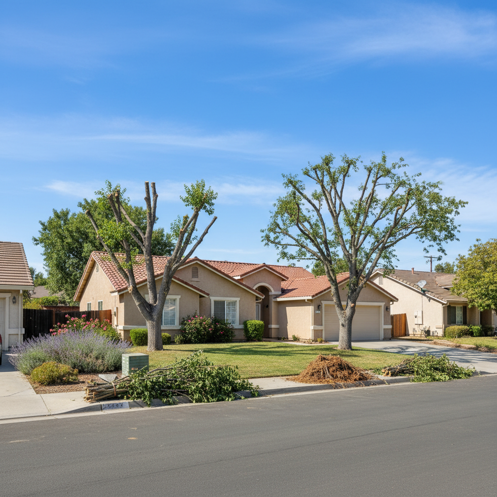 Completed tree trimming work at a residential property in Atwater, CA