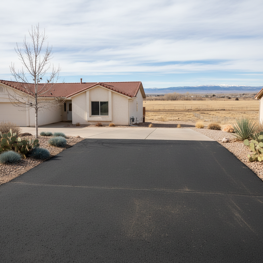 Completed asphalt patching work at a residential property in Brighton, CO