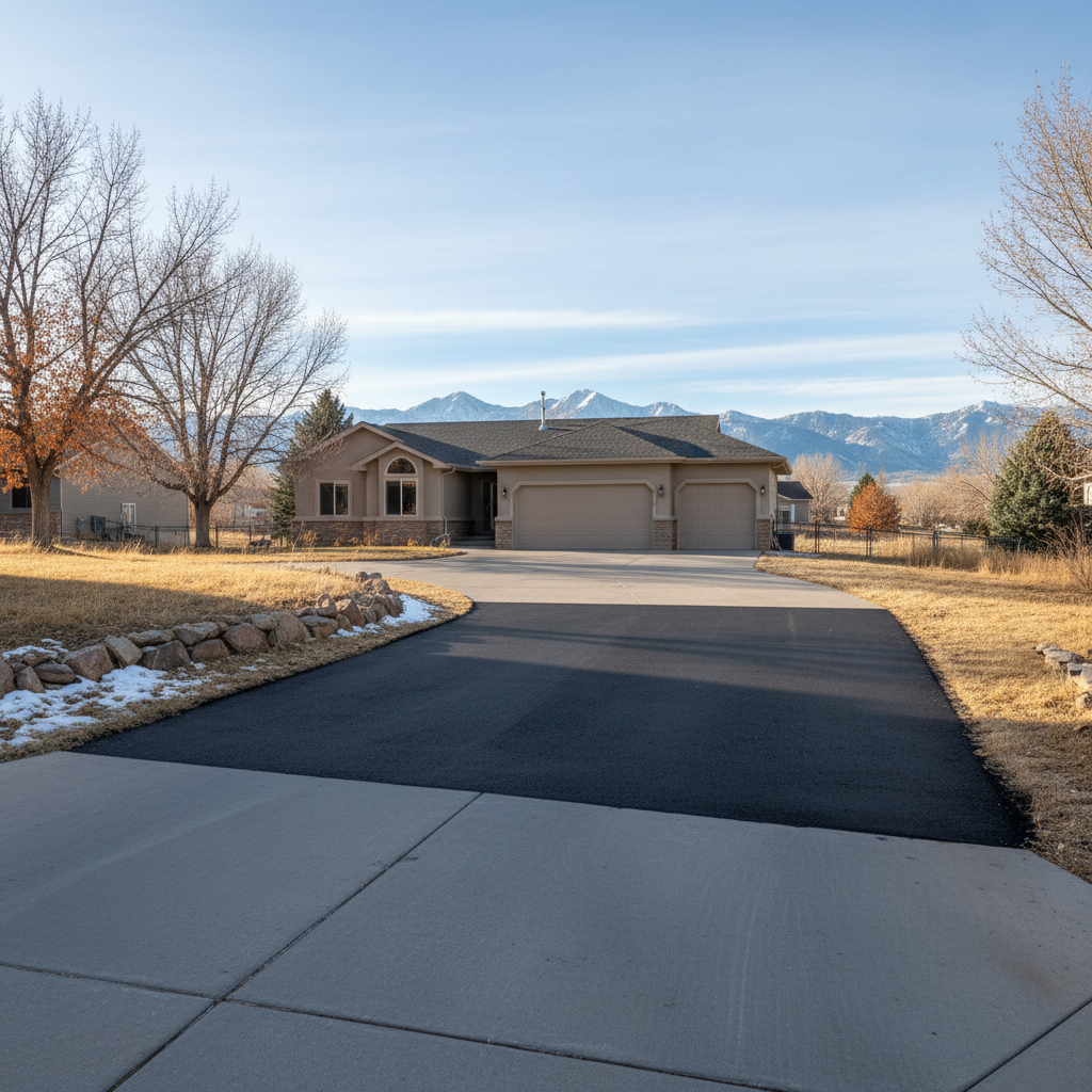 Completed asphalt patching work at a residential property in Brighton, CO