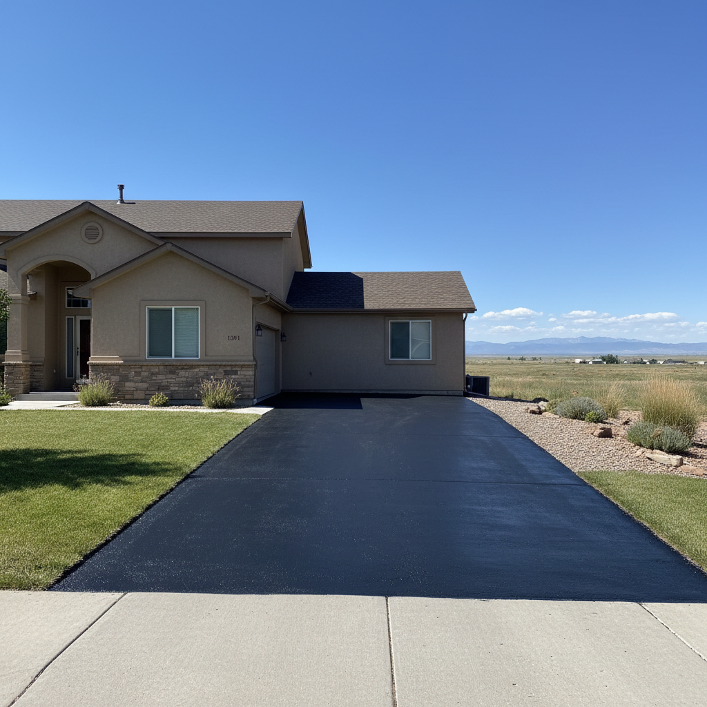 Completed asphalt sealcoating work at a residential property in Brighton, CO