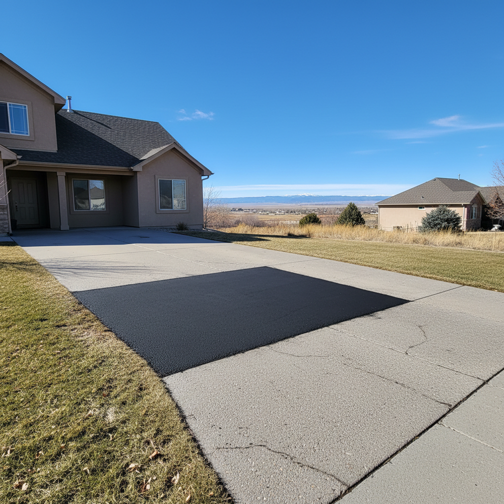 Completed asphalt patching work at a residential property in Brighton, CO