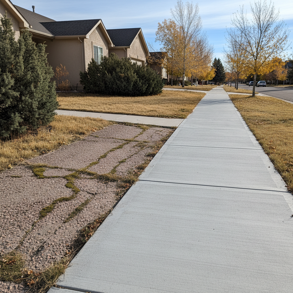 Completed concrete sidewalks work at a residential property in Aurora, CO