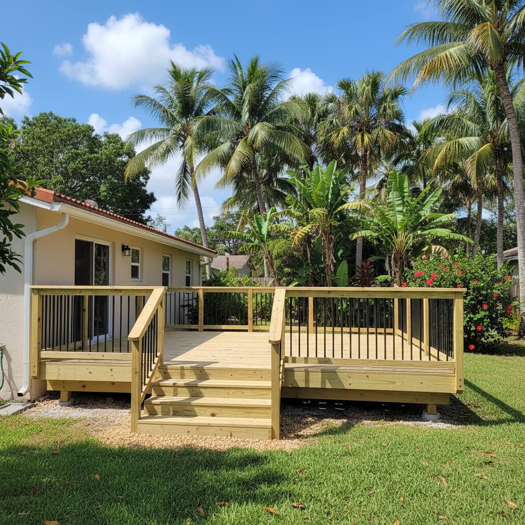 Completed deck construction work at a residential property in West Palm Beach, FL