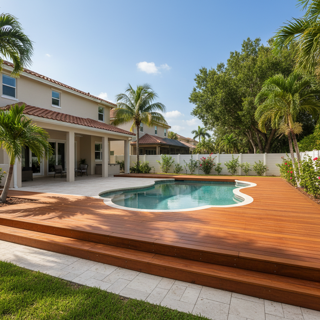 Completed pool decks work at a residential property in West Palm Beach, FL