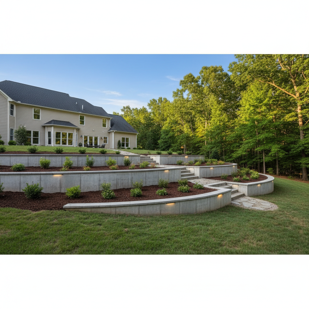 Completed concrete retaining walls work at a residential property in Durham, NC