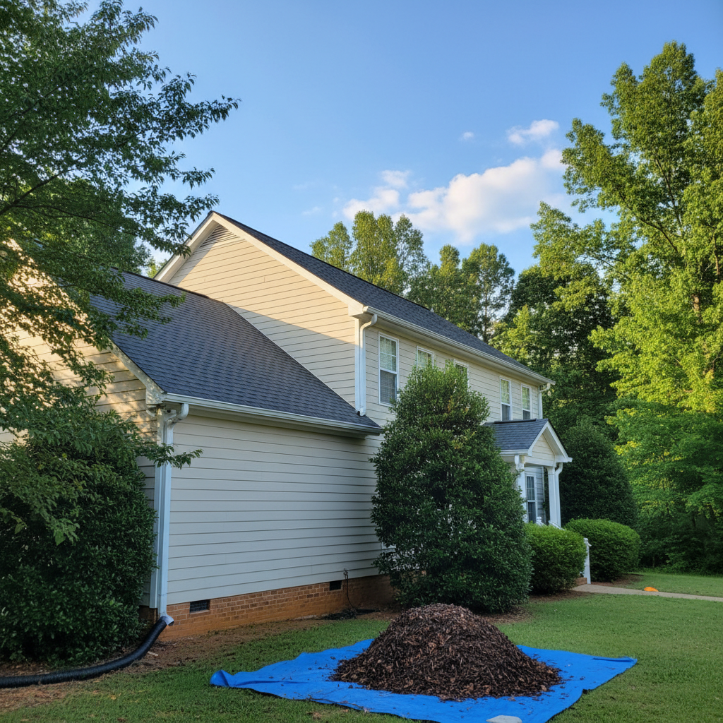 Completed gutter maintenance plans work at a residential property in Durham, NC