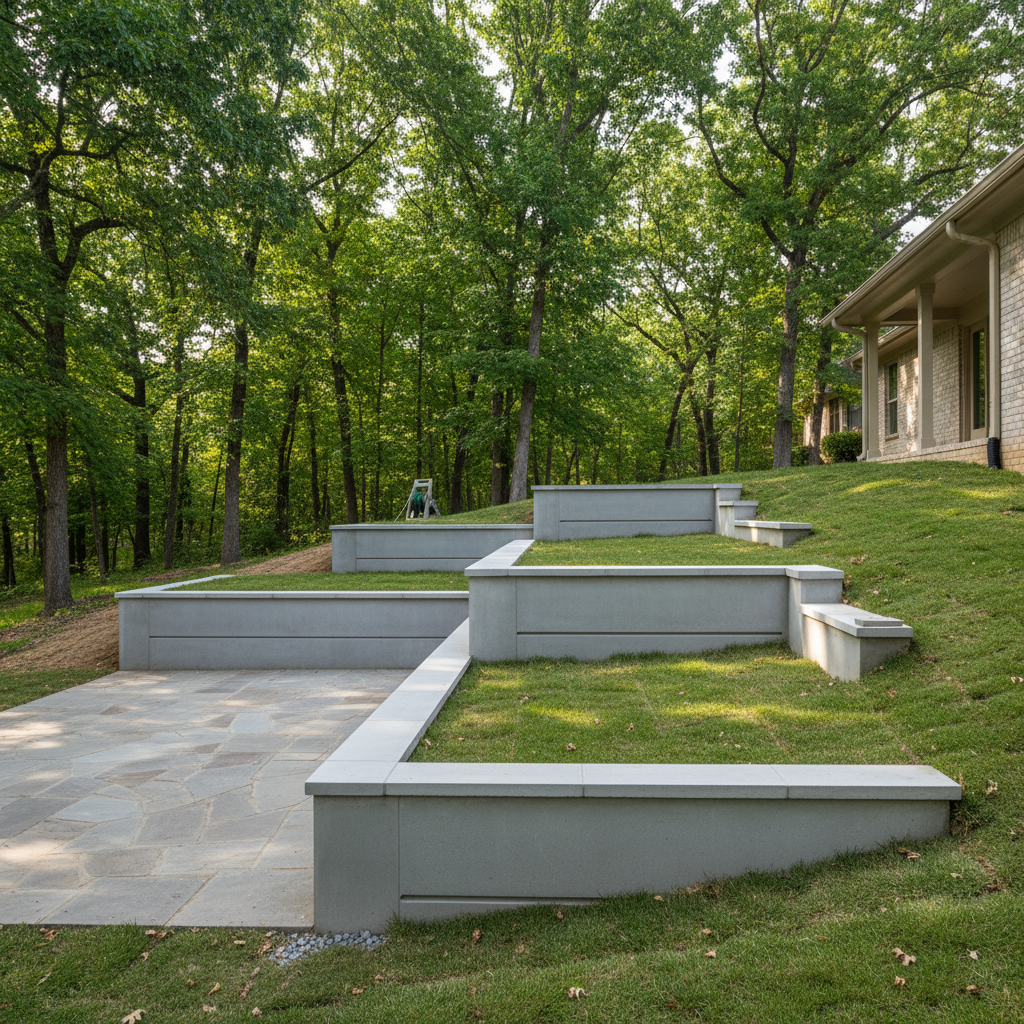 Completed concrete retaining walls work at a residential property in Broken Arrow, OK