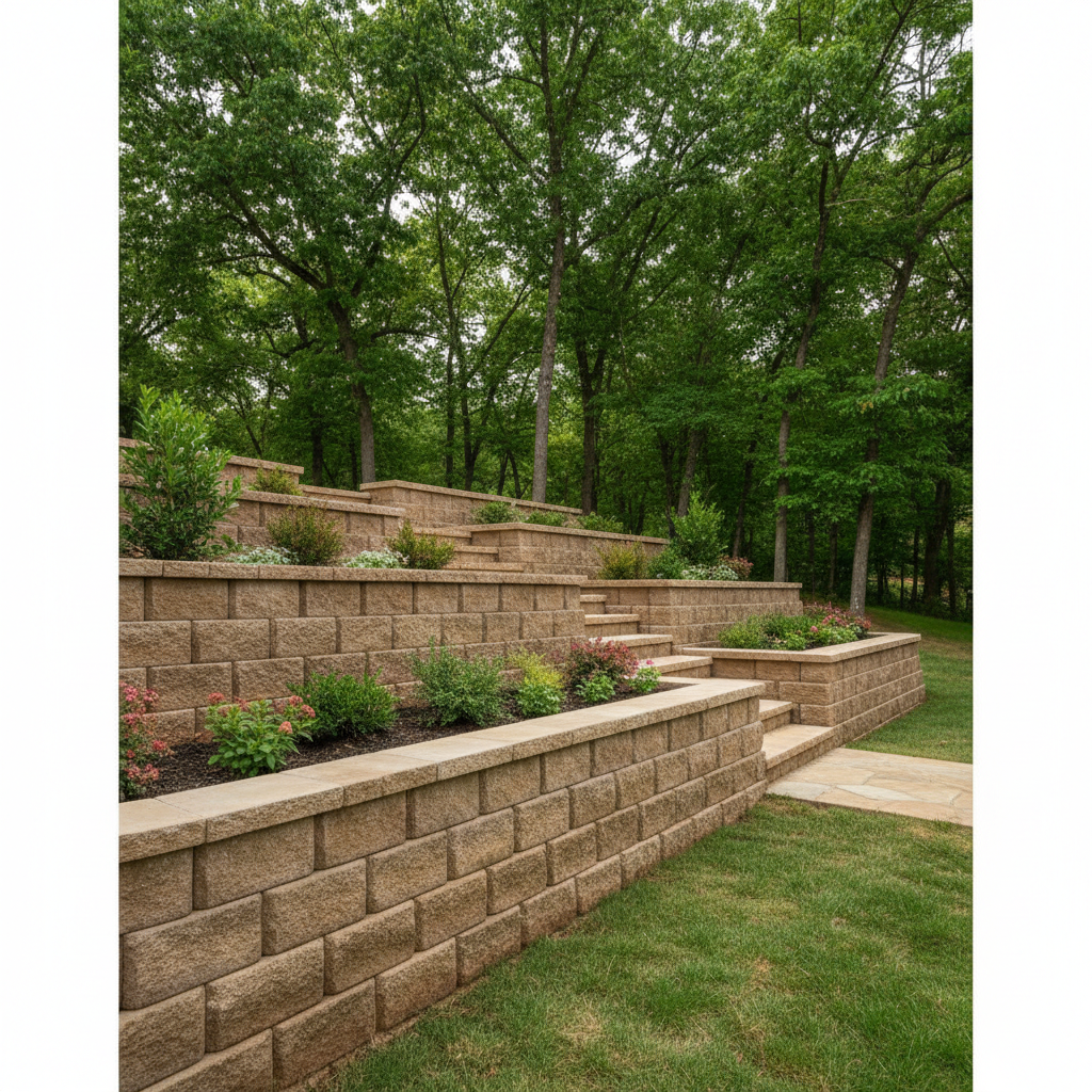 Completed concrete retaining walls work at a residential property in Broken Arrow, OK