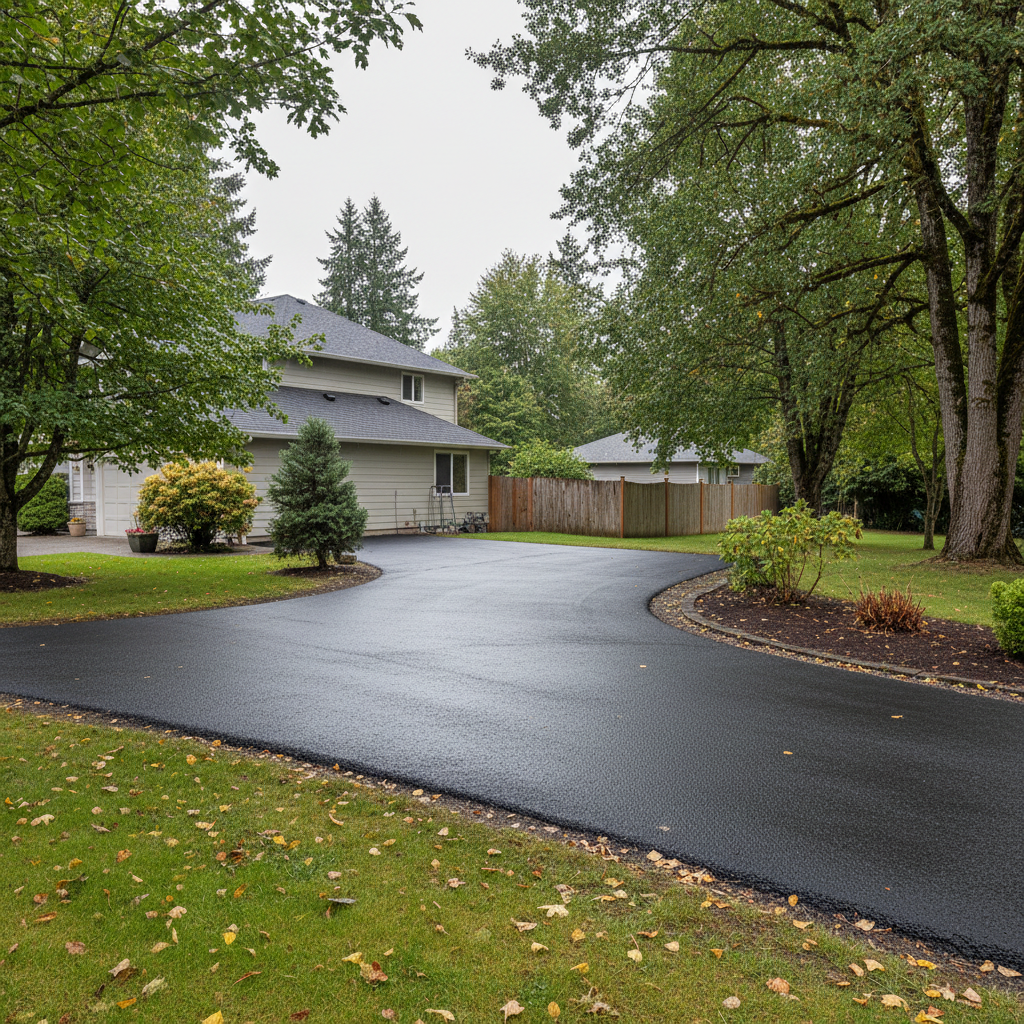 Completed asphalt sealcoating work at a residential property in Canby, OR