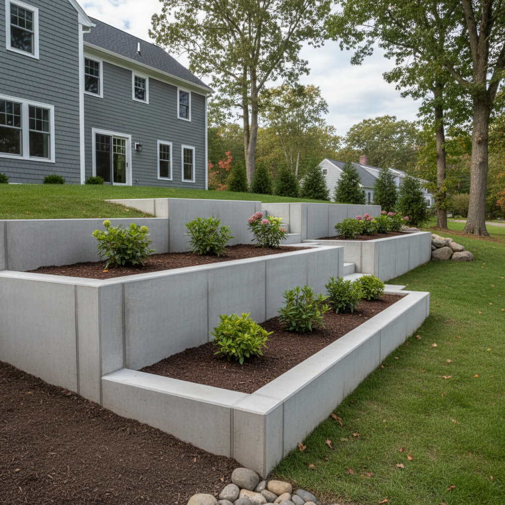 Completed concrete retaining walls work at a residential property in Cranston, RI