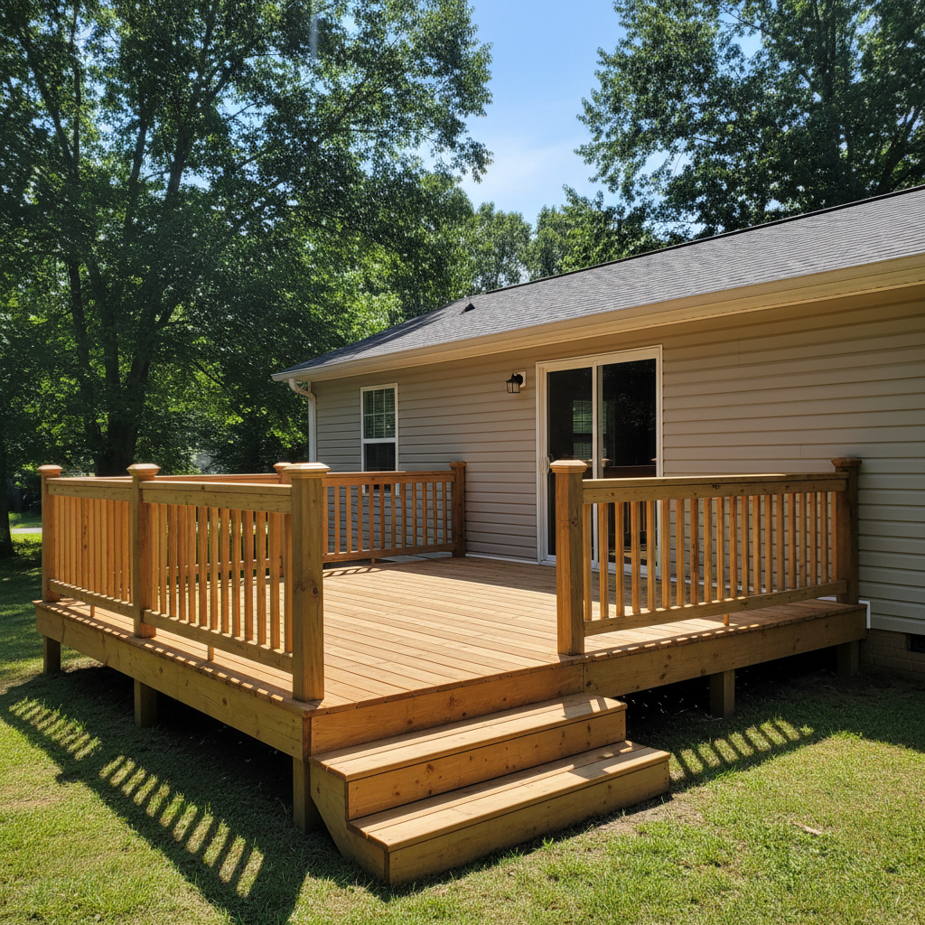Completed deck construction work at a residential property in Great Falls, SC