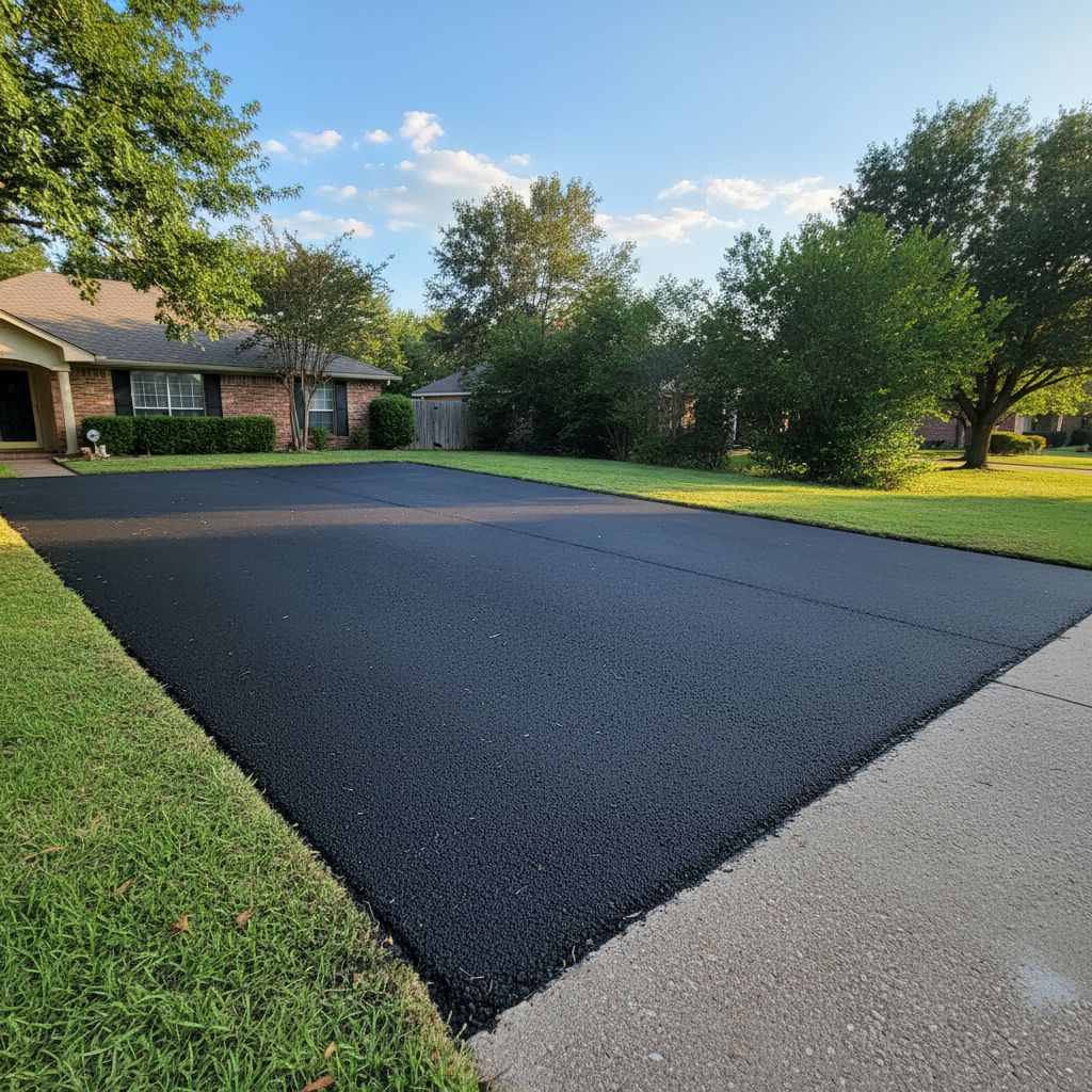 Completed asphalt repair work at a residential property in Rosenberg, TX