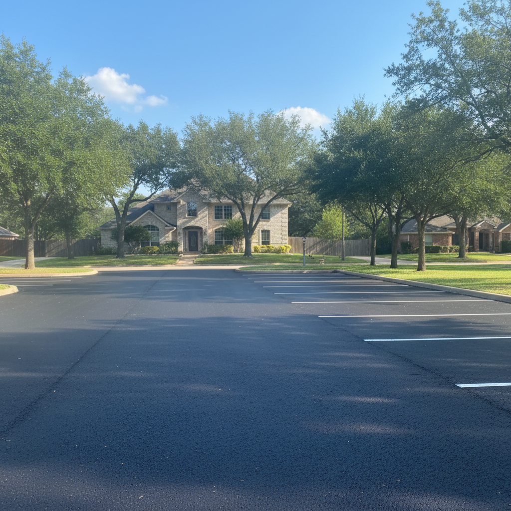 Completed parking lot paving work at a residential property in Hutto, TX