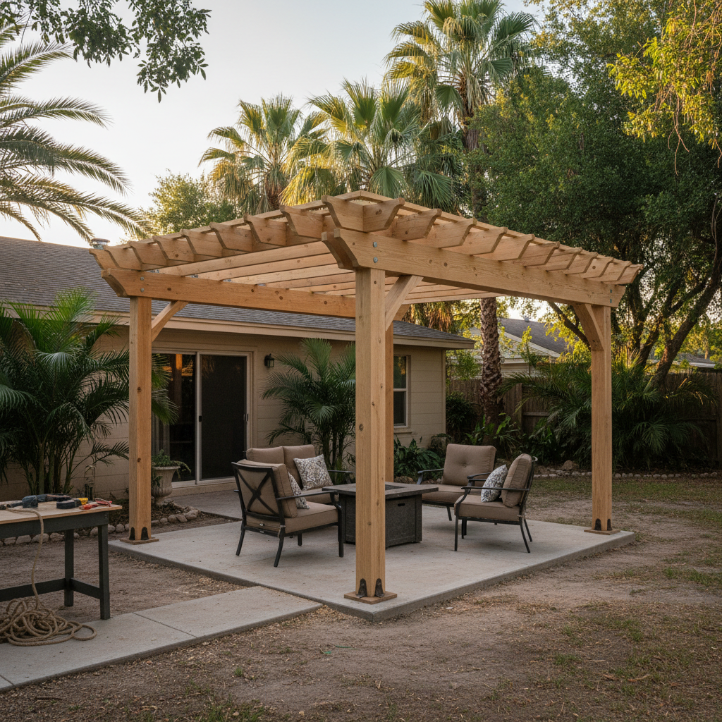 Completed pergola construction work at a residential property in Brownsville, TX
