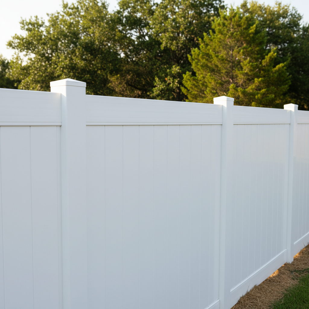 Completed vinyl fence installation work at a residential property in New Braunfels, TX