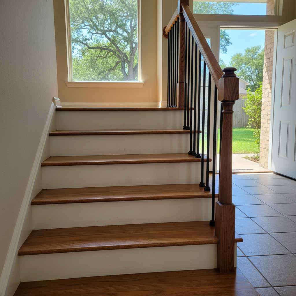 Completed stair flooring work at a residential property in San Antonio, TX