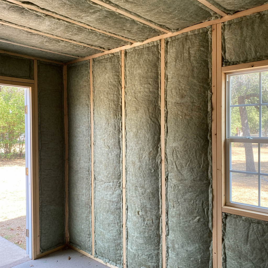 Completed shed insulation work at a residential property in Arlington, TX