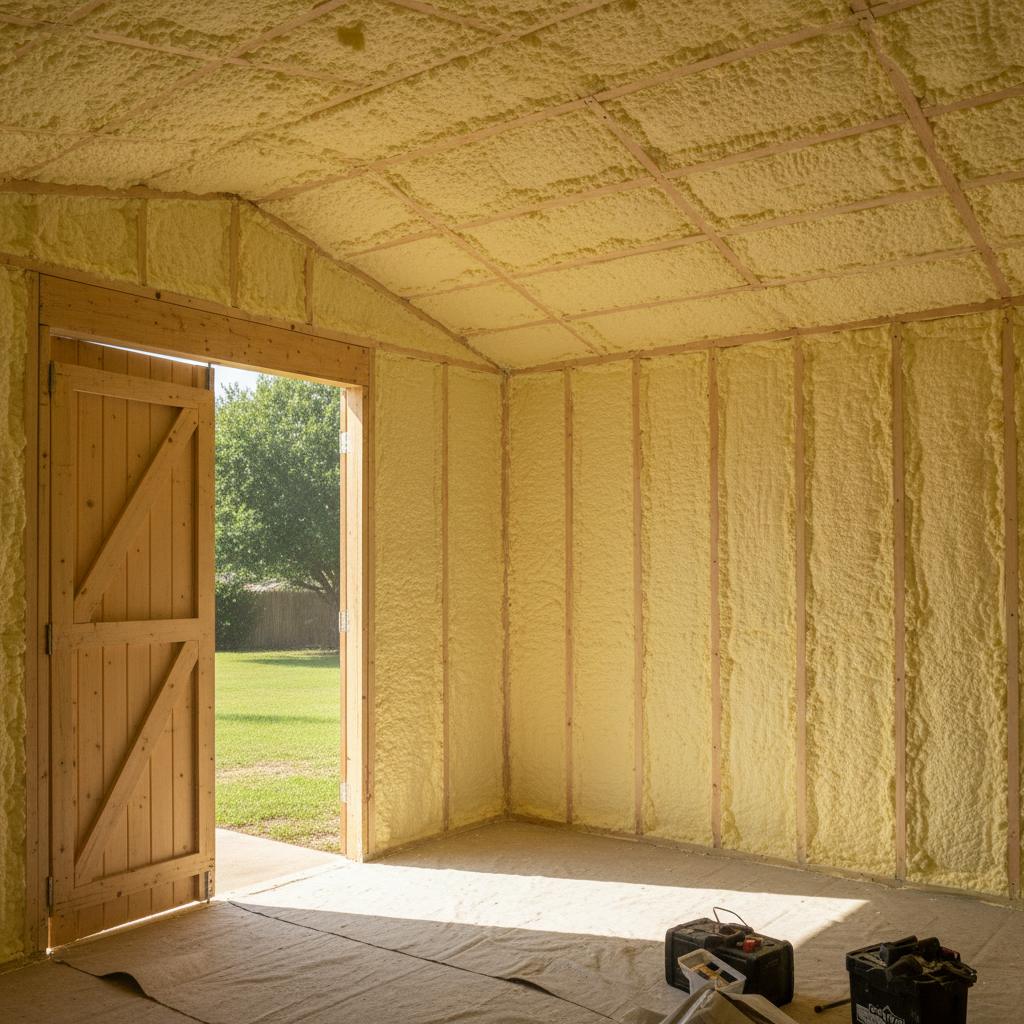 Completed shed insulation work at a residential property in Waxahachie, TX