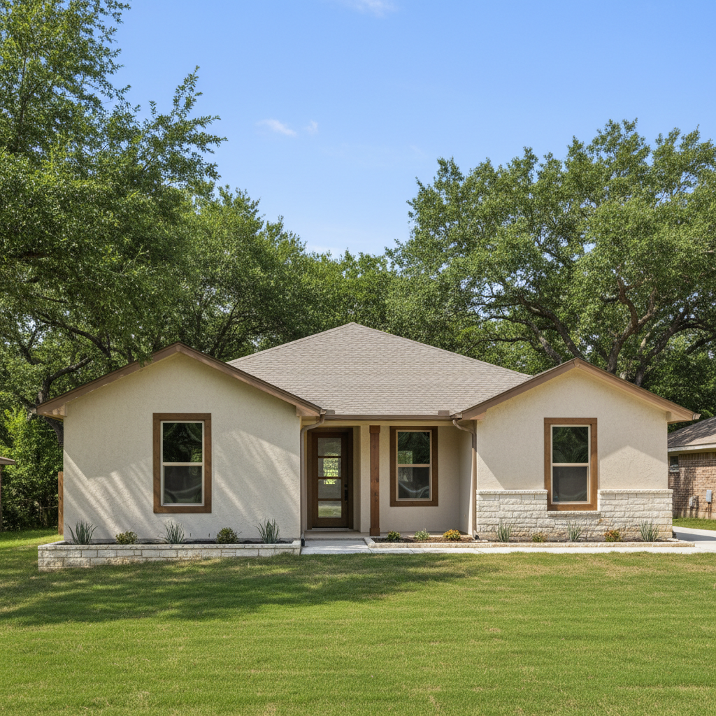 Completed stucco installation work at a residential property in Leander, TX