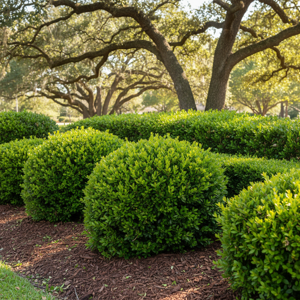 Completed shrub & bush trimming work at a residential property in Live Oak, TX