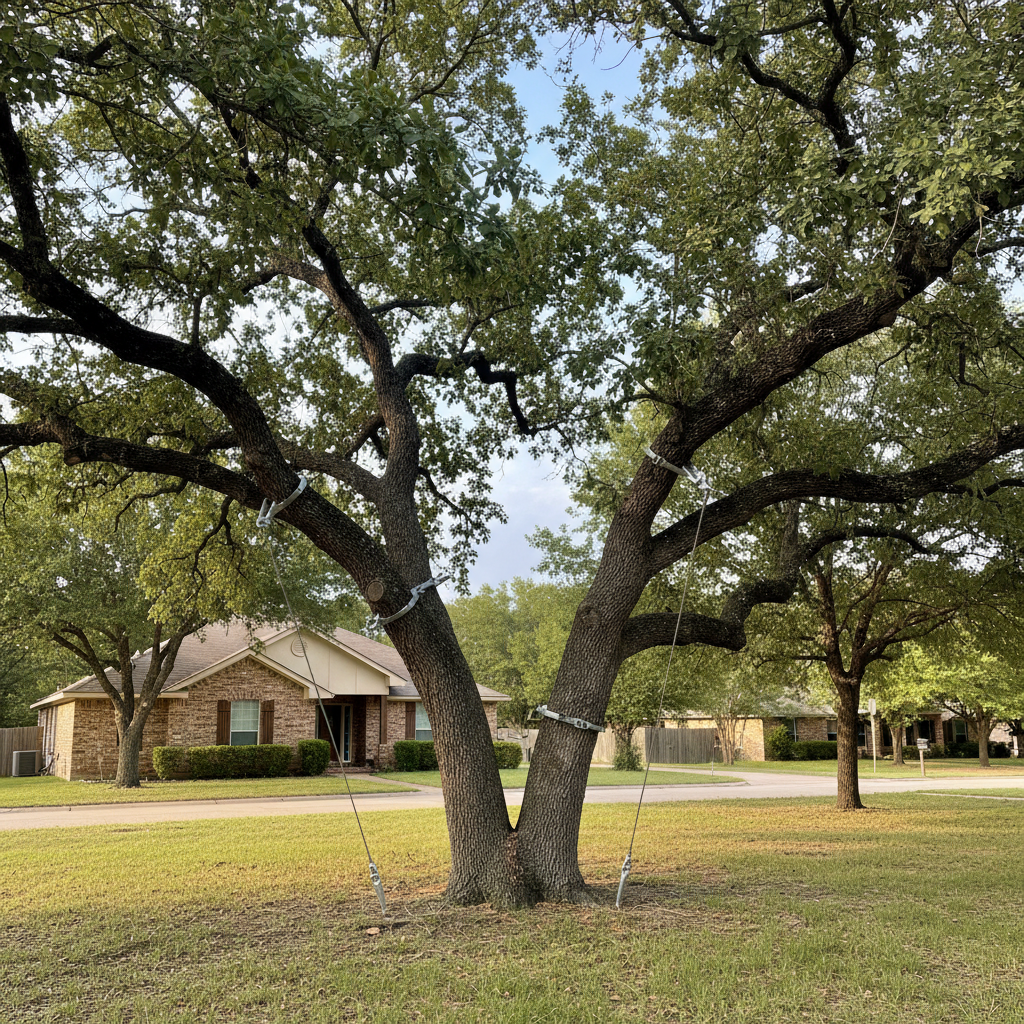 Completed tree cabling and bracing work at a residential property in Kyle, TX