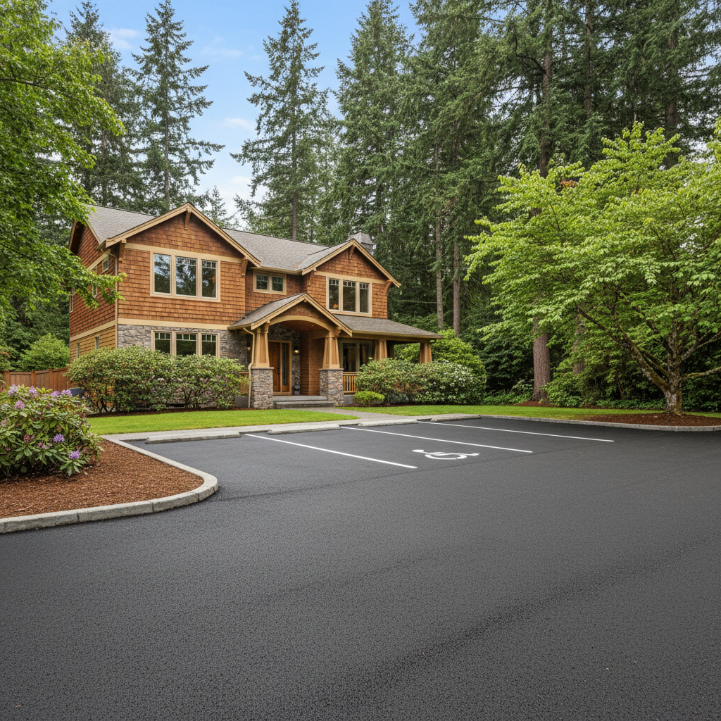 Completed parking lot paving work at a residential property in Woodinville, WA