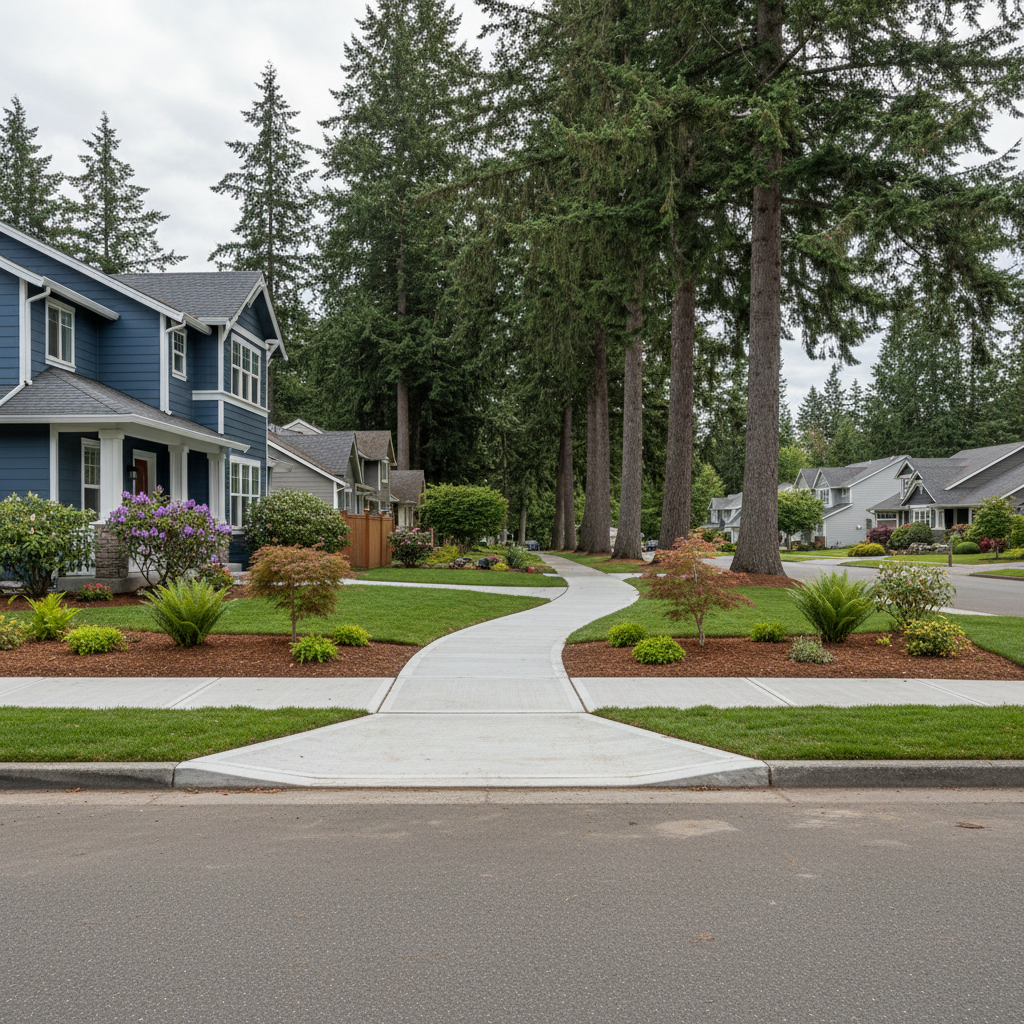 Completed concrete sidewalks work at a residential property in Redmond, WA