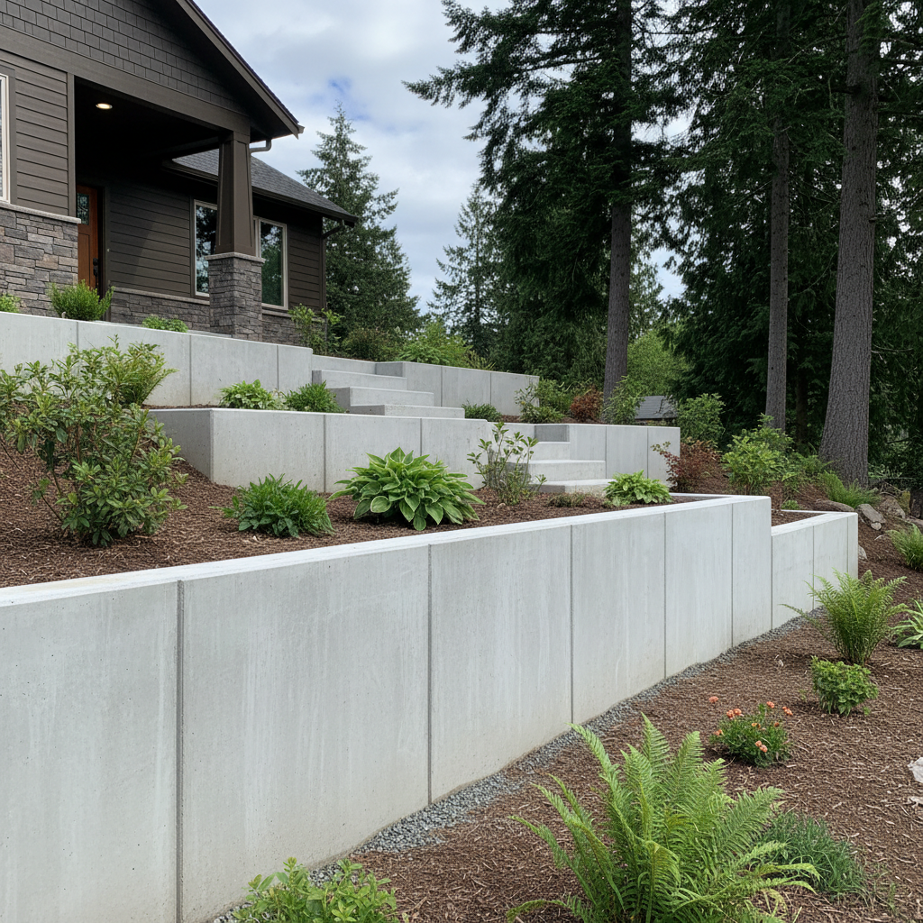 Completed concrete retaining walls work at a residential property in Redmond, WA