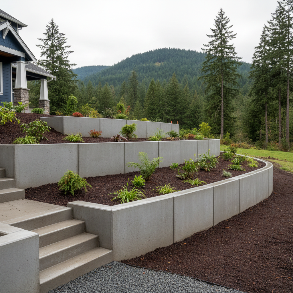 Completed concrete retaining walls work at a residential property in Bremerton, WA