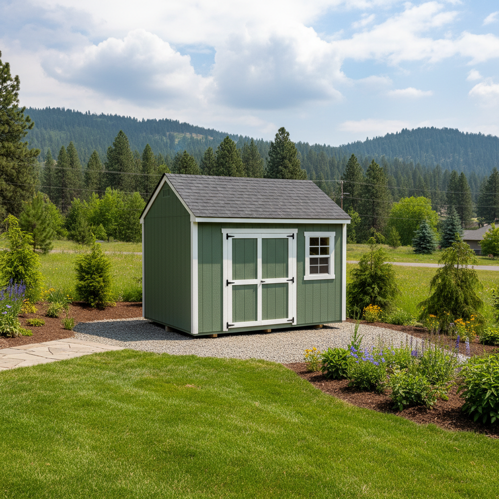 Completed shed delivery and installation work at a residential property in Spokane, WA