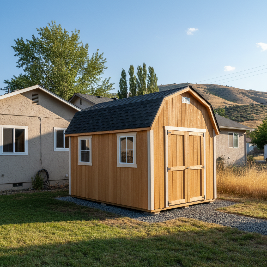 Completed shed delivery and installation work at a residential property in Kennewick, WA
