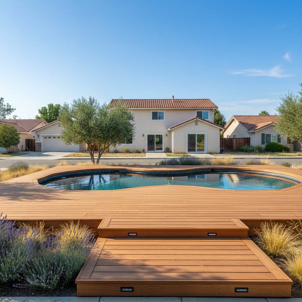 Completed pool decks work at a residential property in Modesto, CA