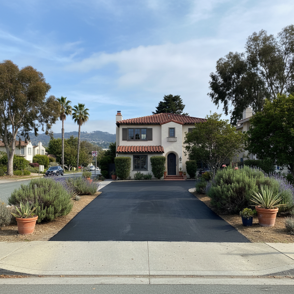 Completed asphalt repair work at a residential property in San Francisco, CA