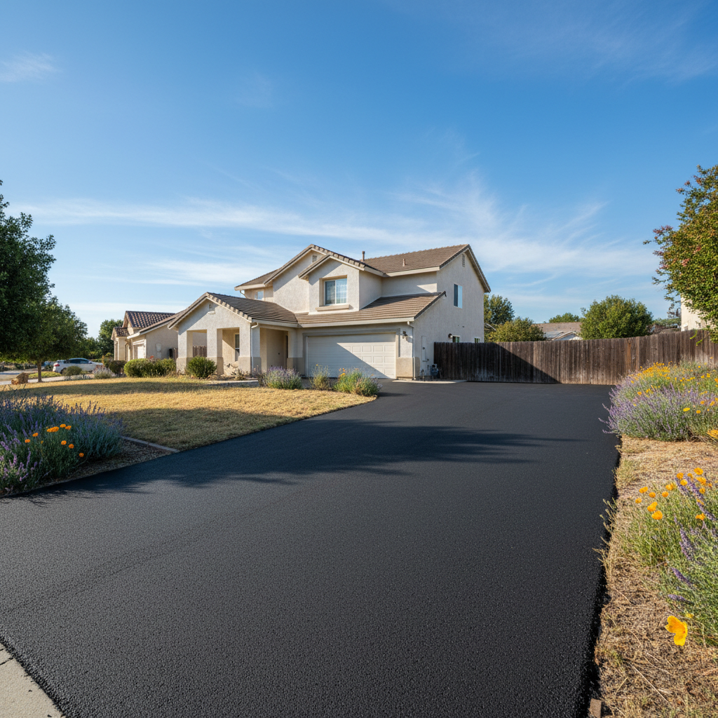 Completed driveway paving work at a residential property in Tracy, CA