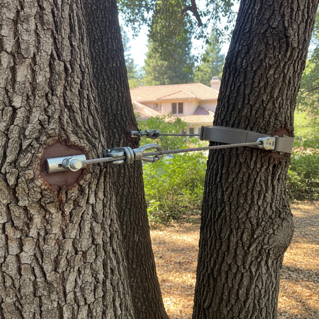 Completed tree cabling and bracing work at a residential property in Atherton, CA