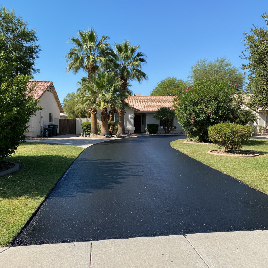 Completed asphalt sealcoating work at a residential property in El Mirage, AZ