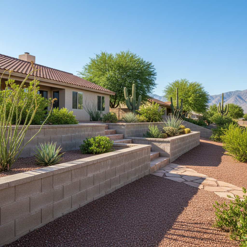 Completed concrete retaining walls work at a residential property in Bullhead City, AZ