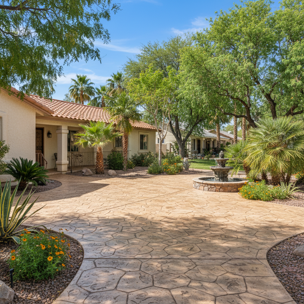 Completed stamped concrete work at a residential property in Bullhead City, AZ