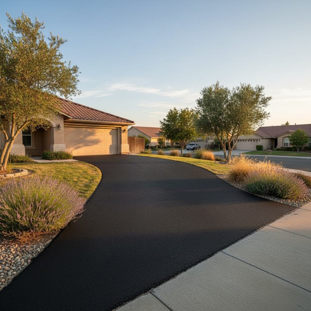 Completed driveway paving work at a residential property in Kingsburg, CA