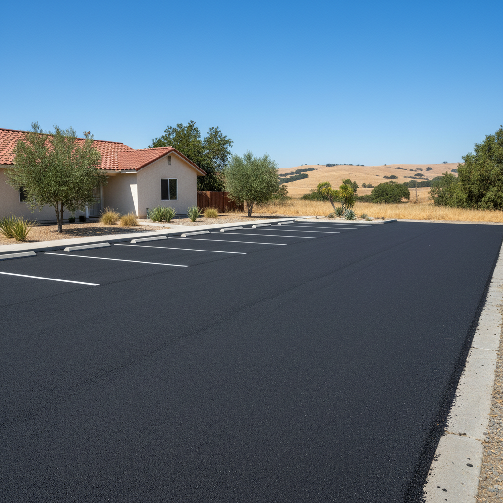 Completed parking lot paving work at a residential property in Madera, CA