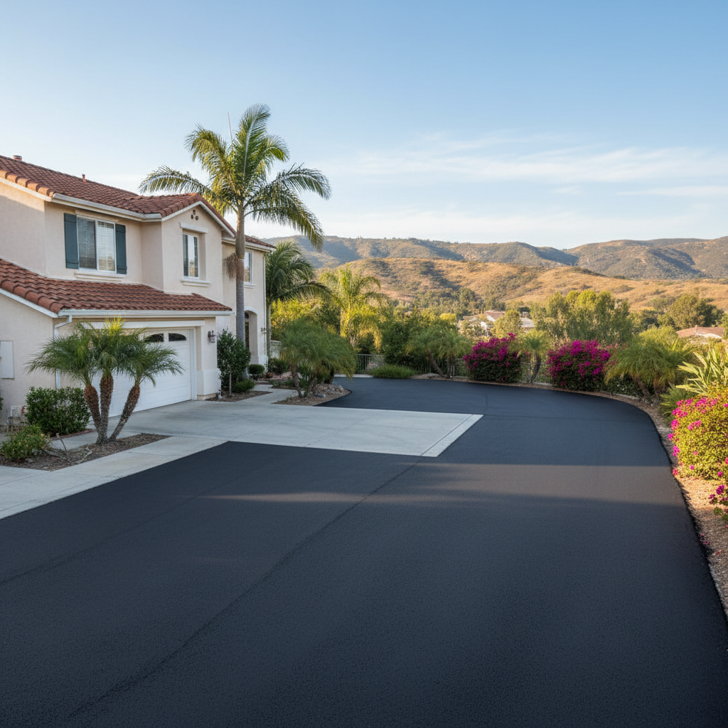 Completed asphalt repair work at a residential property in Irvine, CA