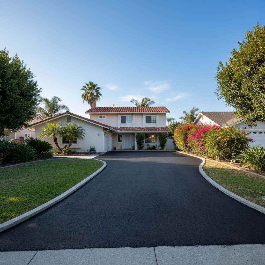 Completed driveway paving work at a residential property in Newport Beach, CA