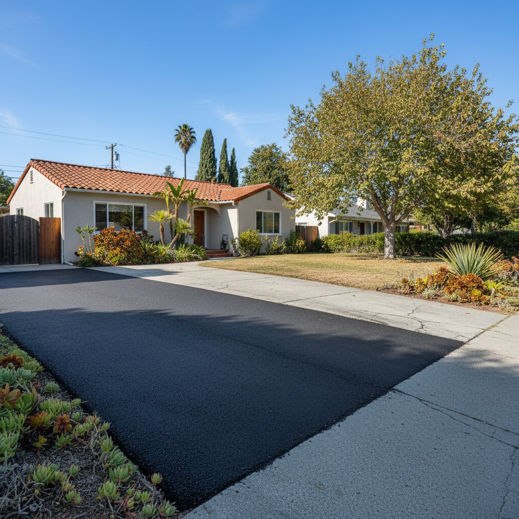 Completed asphalt repair work at a residential property in Burlingame, CA