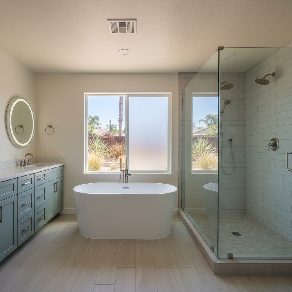 Completed bathtub and shower installation work at a residential property in Fullerton, CA