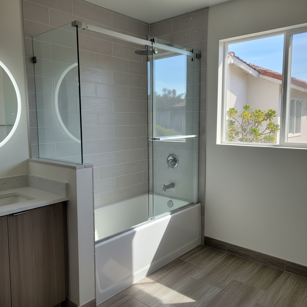 Completed bathtub and shower installation work at a residential property in Lakewood, CA