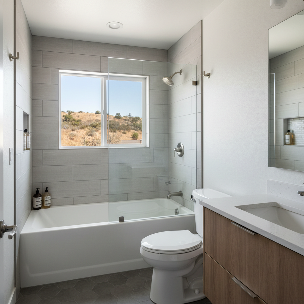 Completed bathtub and shower installation work at a residential property in Pomona, CA