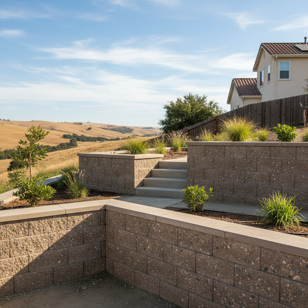 Completed concrete retaining walls work at a residential property in Stockton, CA